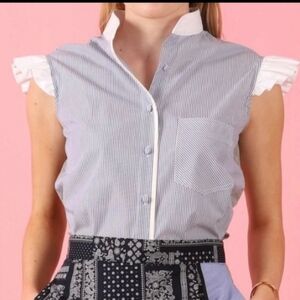 Harvey Faircloth Seersucker Stripe‎ Ruffle Cap Sleeve Button Front Top